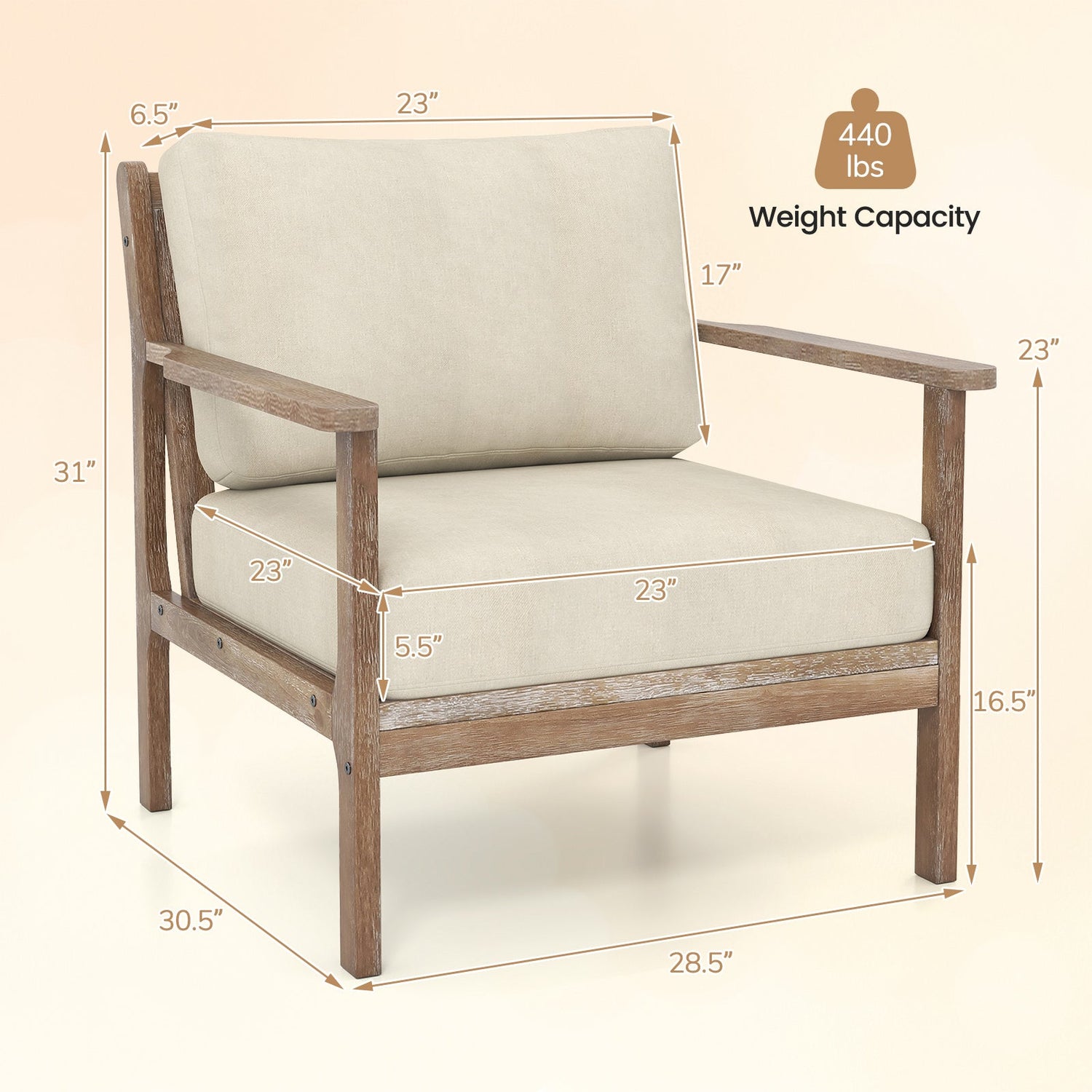 Sillón moderno con reposabrazos de madera maciza de caucho