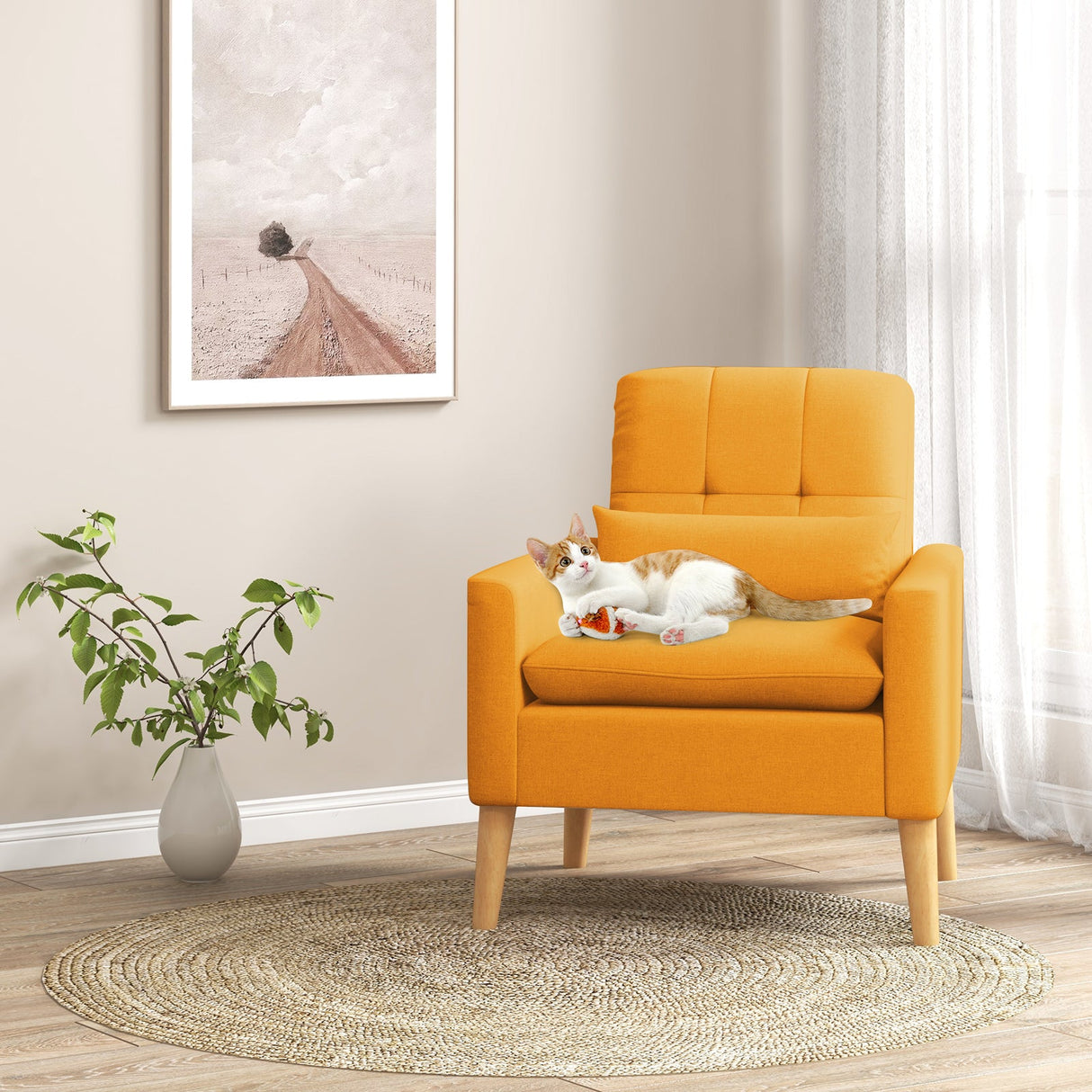 Sillón auxiliar con cojín lumbar, patas de madera de caucho natural y cojines acolchados