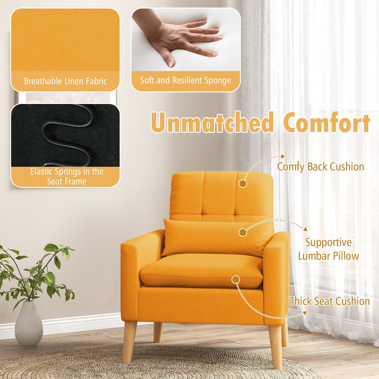 Sillón auxiliar con cojín lumbar, patas de madera de caucho natural y cojines acolchados