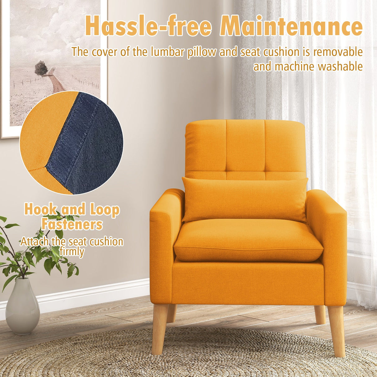 Sillón auxiliar con cojín lumbar, patas de madera de caucho natural y cojines acolchados