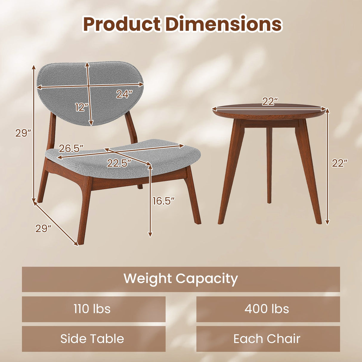 Juego de 2 sillas decorativas con mesa auxiliar y estructura de madera maciza