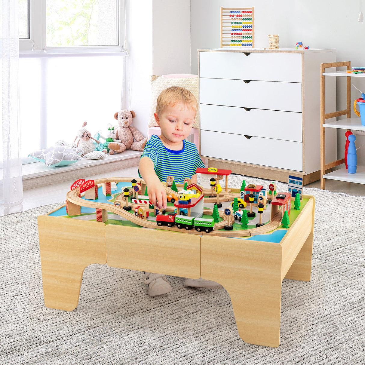 Juego de tren de madera de 84 piezas con mesa reversible y desmontable