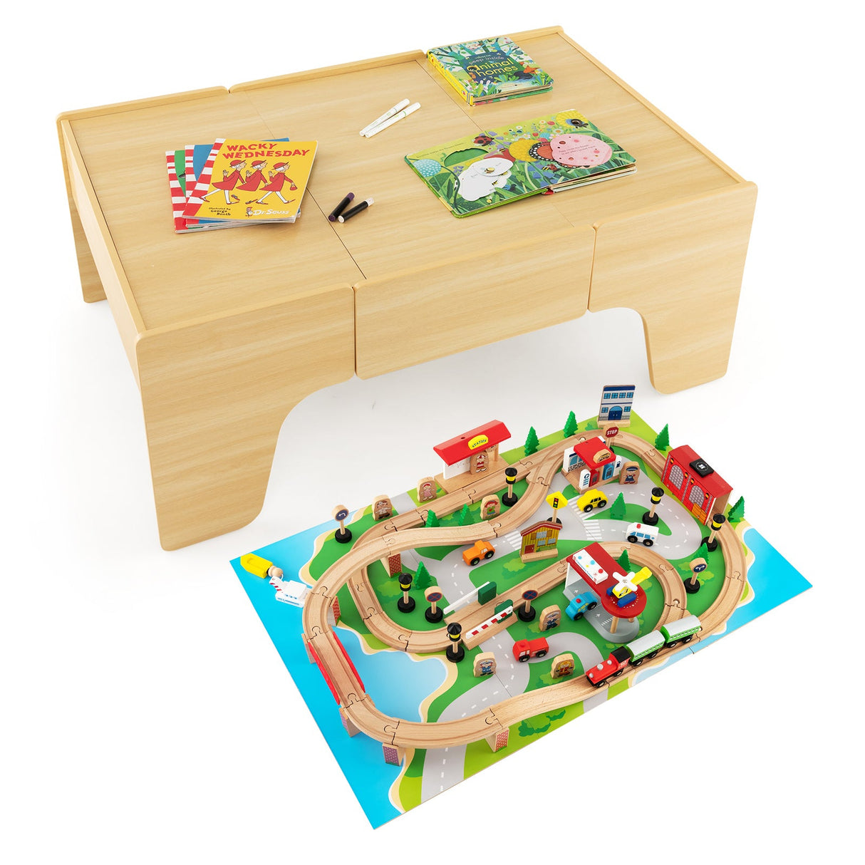 Juego de tren de madera de 84 piezas con mesa reversible y desmontable