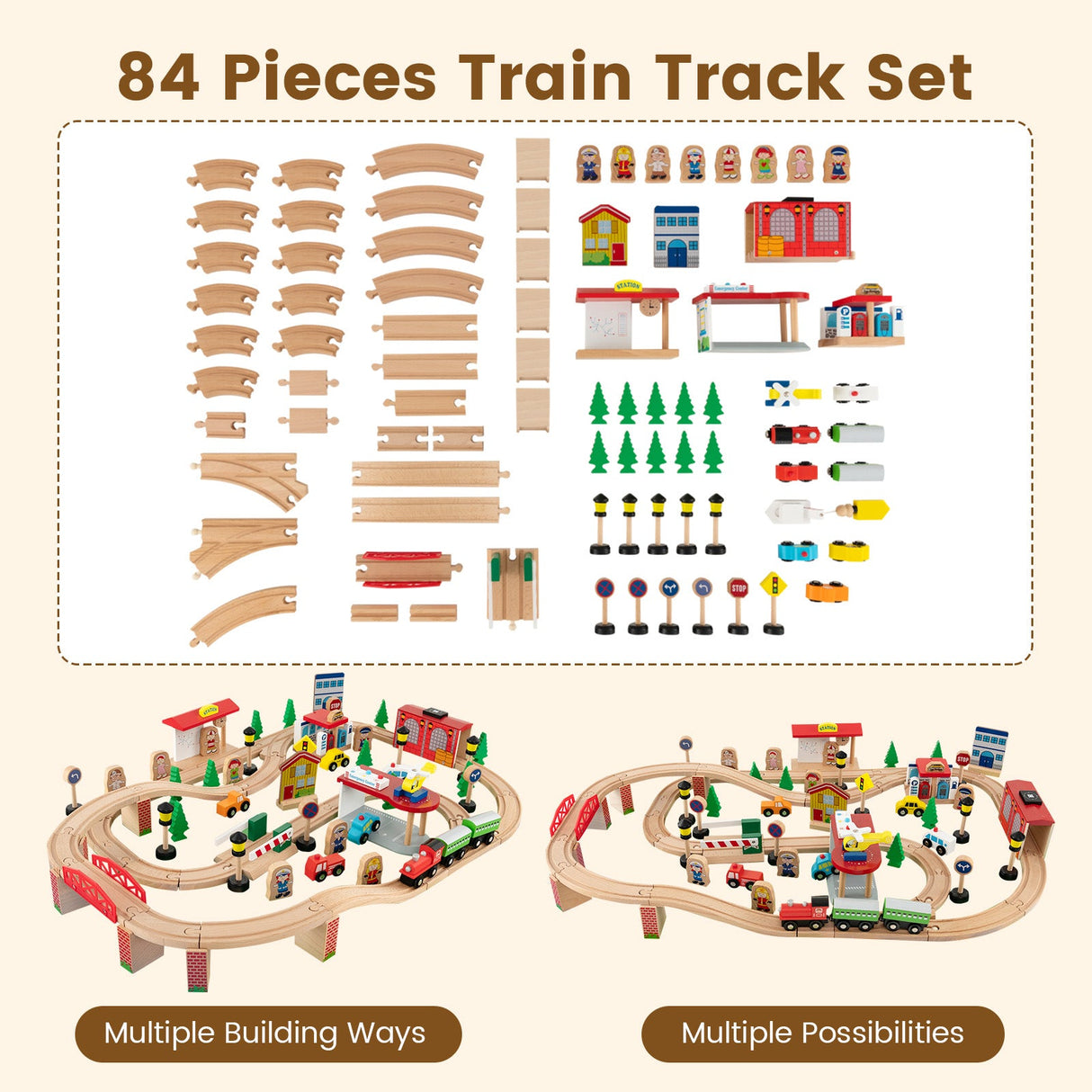Juego de tren de madera de 84 piezas con mesa reversible y desmontable