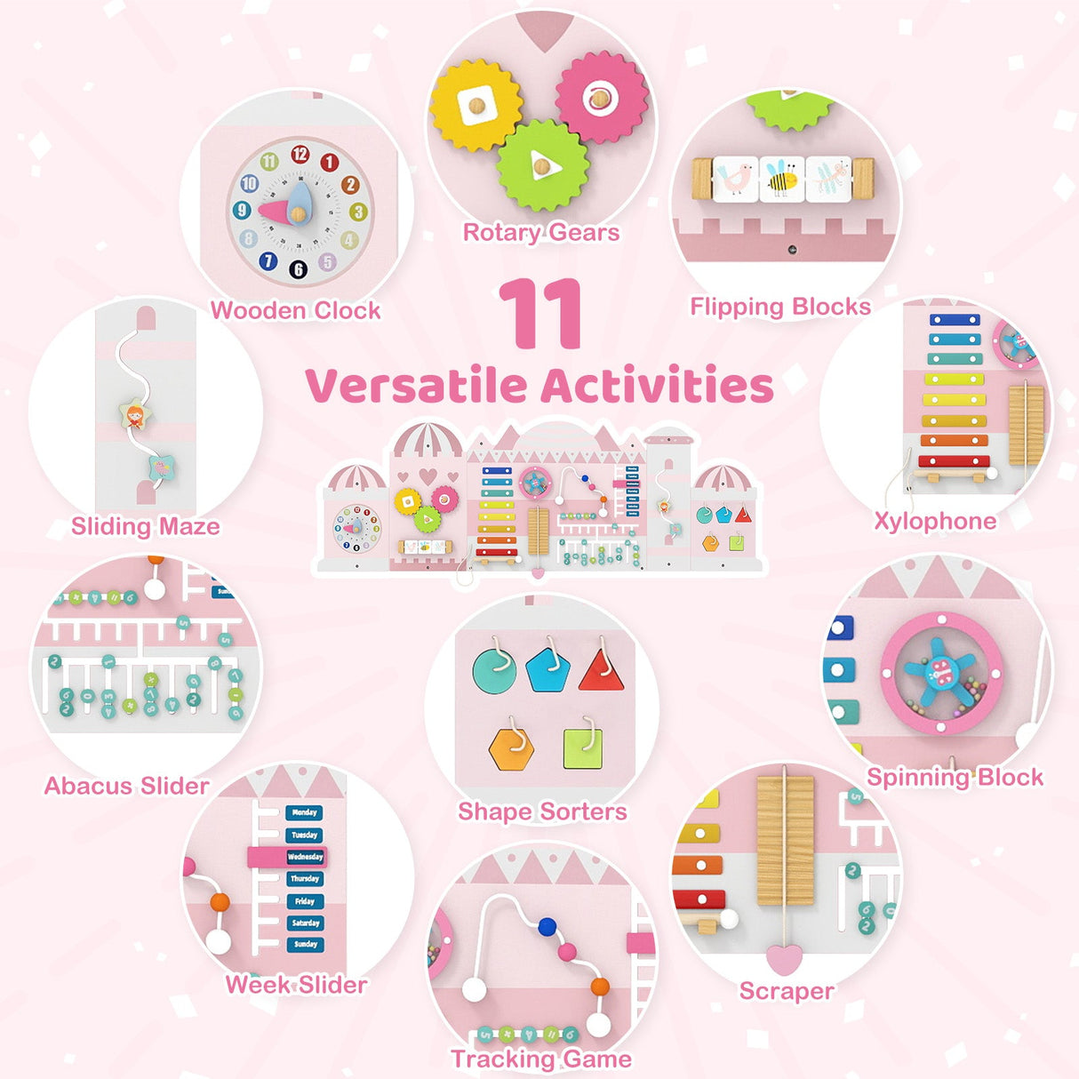 Paneles de tablero de actividades sensoriales de madera para niños pequeños - Rosa