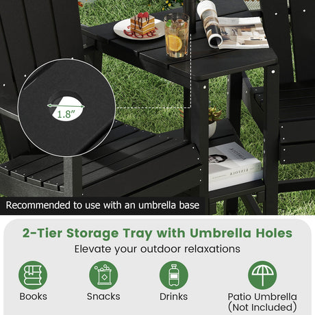 Silla Adirondack de 2 asientos, para todo tipo de clima, con bandeja doble de conexión