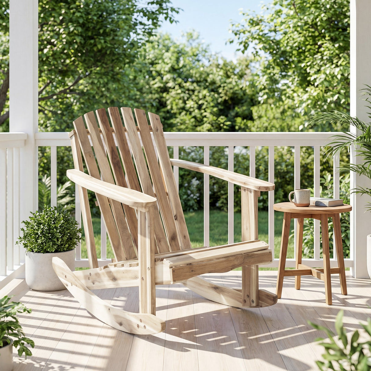 Mecedora Adirondack con asiento de listones y respaldo alto en forma de abanico - Natural