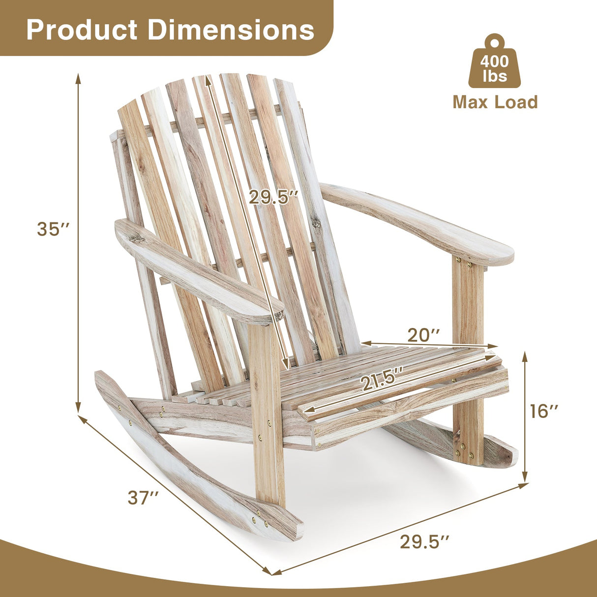 Mecedora Adirondack con asiento de listones y respaldo alto en forma de abanico - Natural