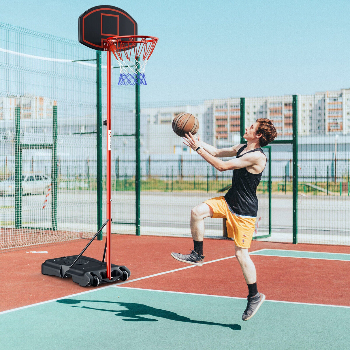 Sistema de Soporte Portátil para Aro de Baloncesto Ajustable con 2 Ruedas y Base Rellenable - Negro y Rojo