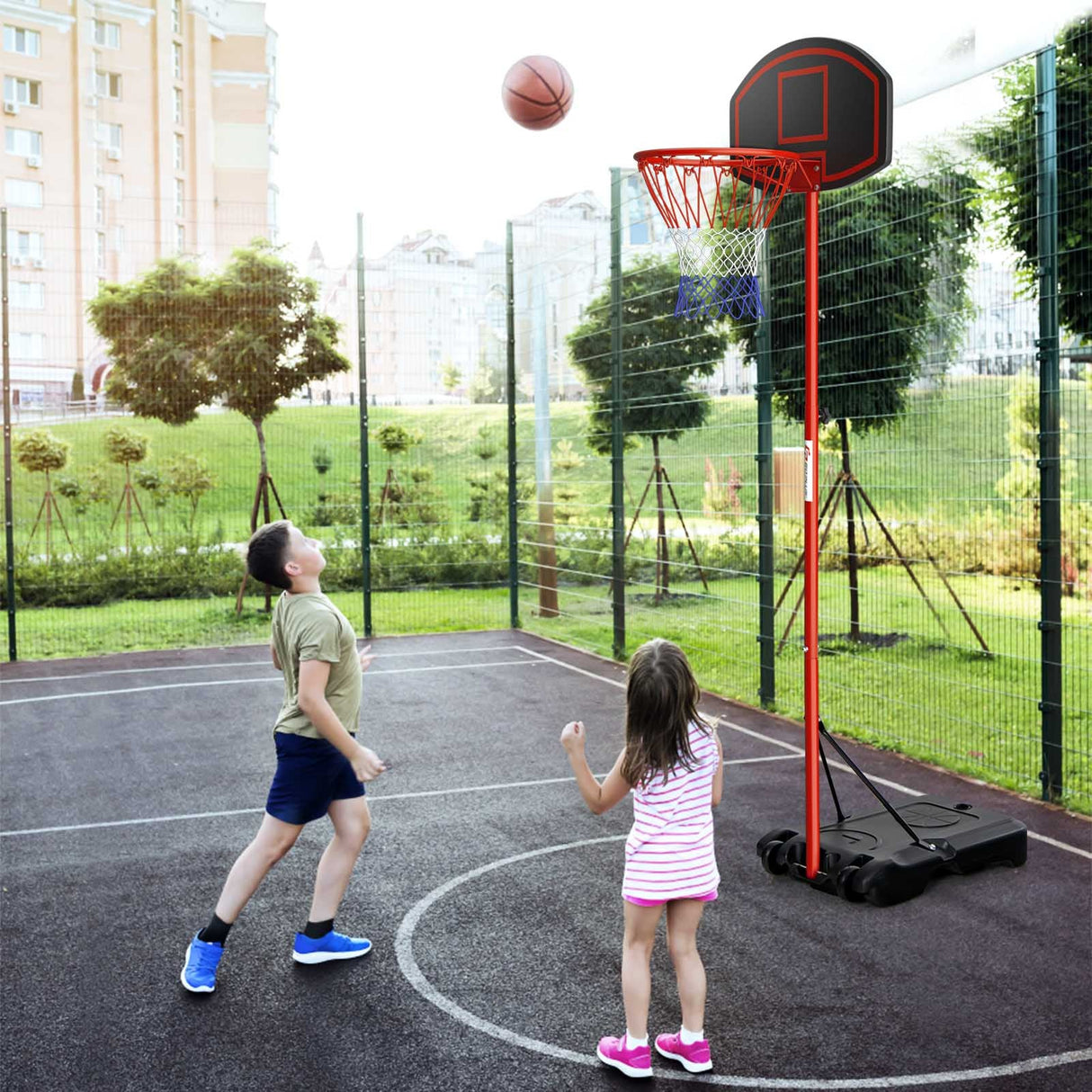 Sistema de Soporte Portátil para Aro de Baloncesto Ajustable con 2 Ruedas y Base Rellenable - Negro y Rojo
