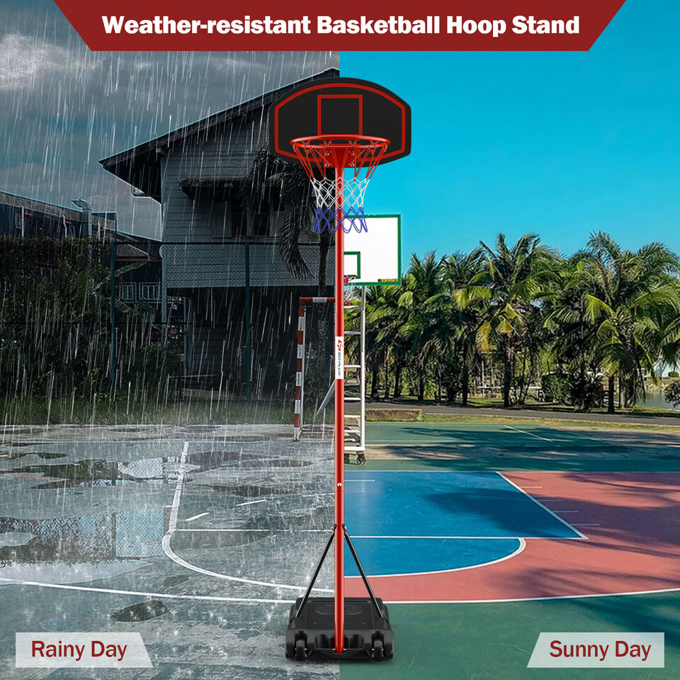 Sistema de Soporte Portátil para Aro de Baloncesto Ajustable con 2 Ruedas y Base Rellenable - Negro y Rojo