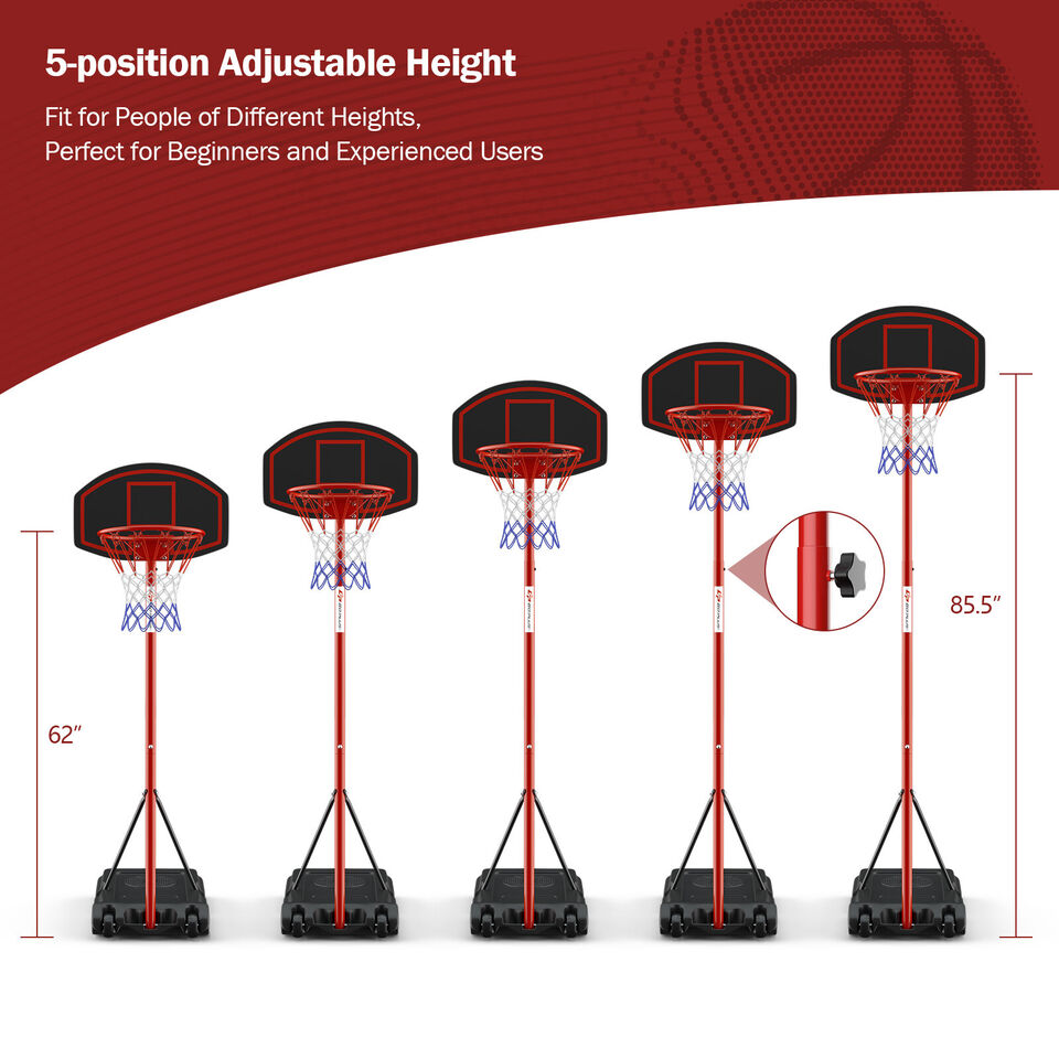 Sistema de Soporte Portátil para Aro de Baloncesto Ajustable con 2 Ruedas y Base Rellenable - Negro y Rojo