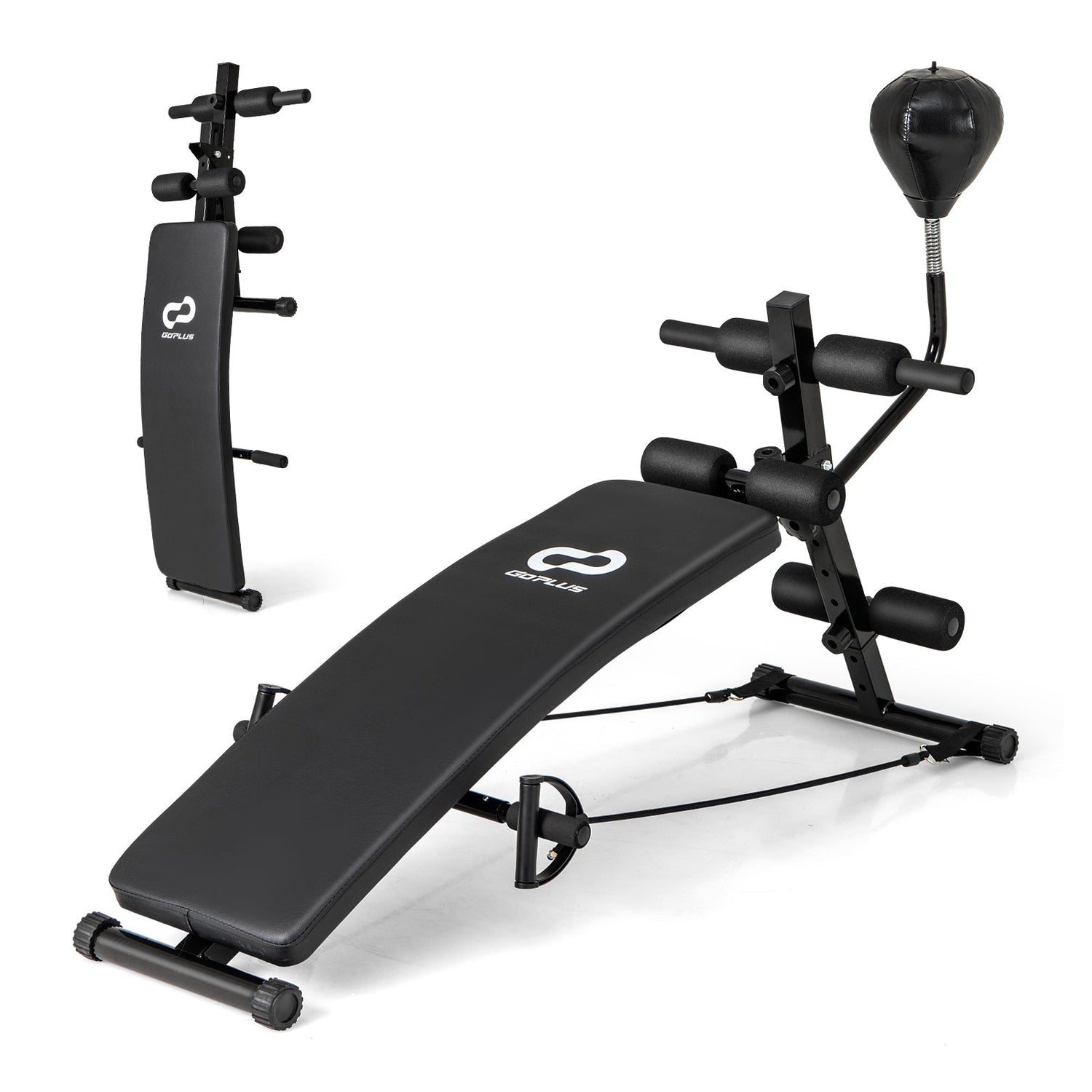 Banco Abdominal con Declinación Ajustable para Ejercicio en Gimnasio en Casa con Bola de Velocidad y 2 Bandas de Resistencia