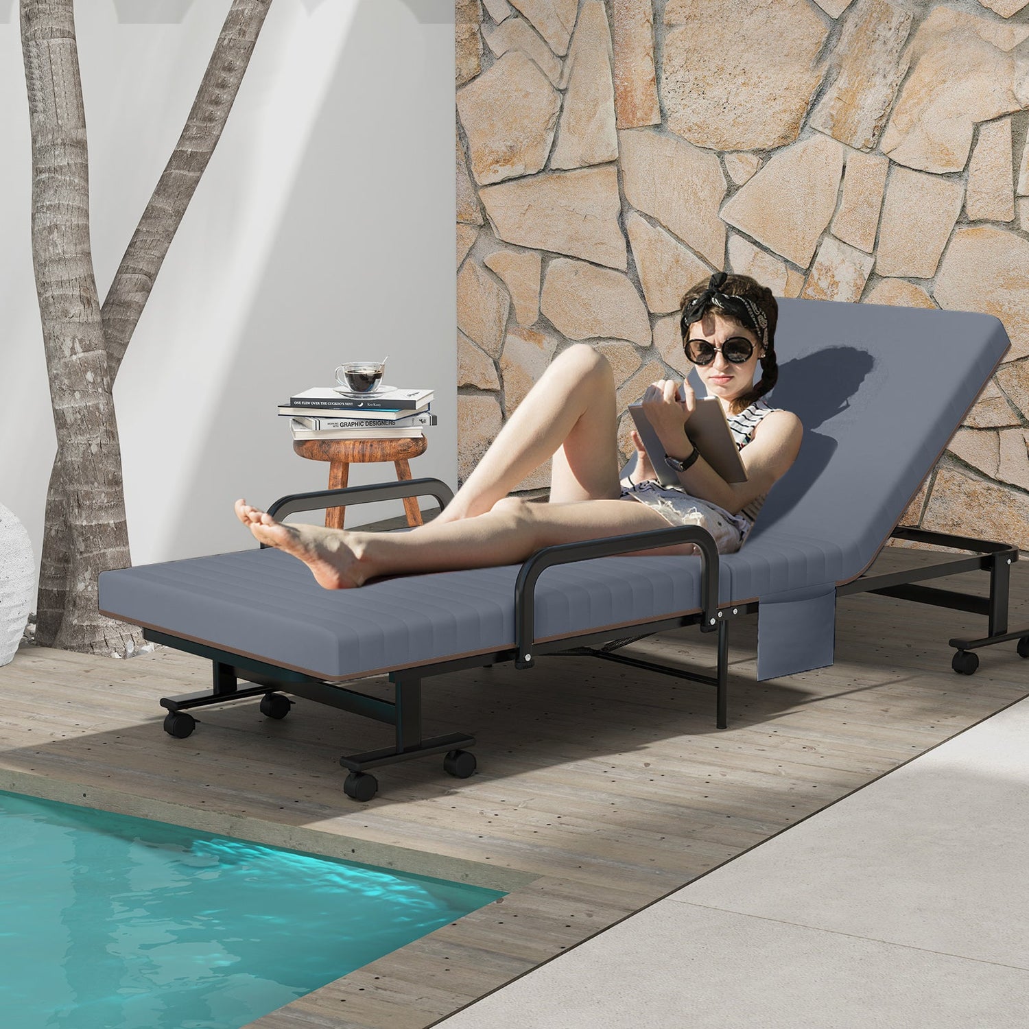 Adjustable Folding Guest Bed Frame with Mattress and Wheels