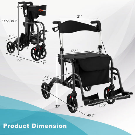 Andador enrollable 2 en 1 con mango plegable ajustable y espacio de almacenamiento