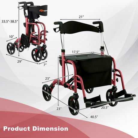 Andador enrollable 2 en 1 con mango plegable ajustable y espacio de almacenamiento