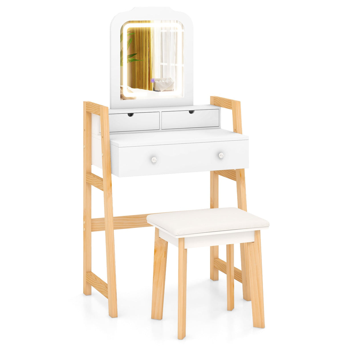 Tocador con altura ajustable, espejo con luz LED de 3 colores y cajones - Blanco