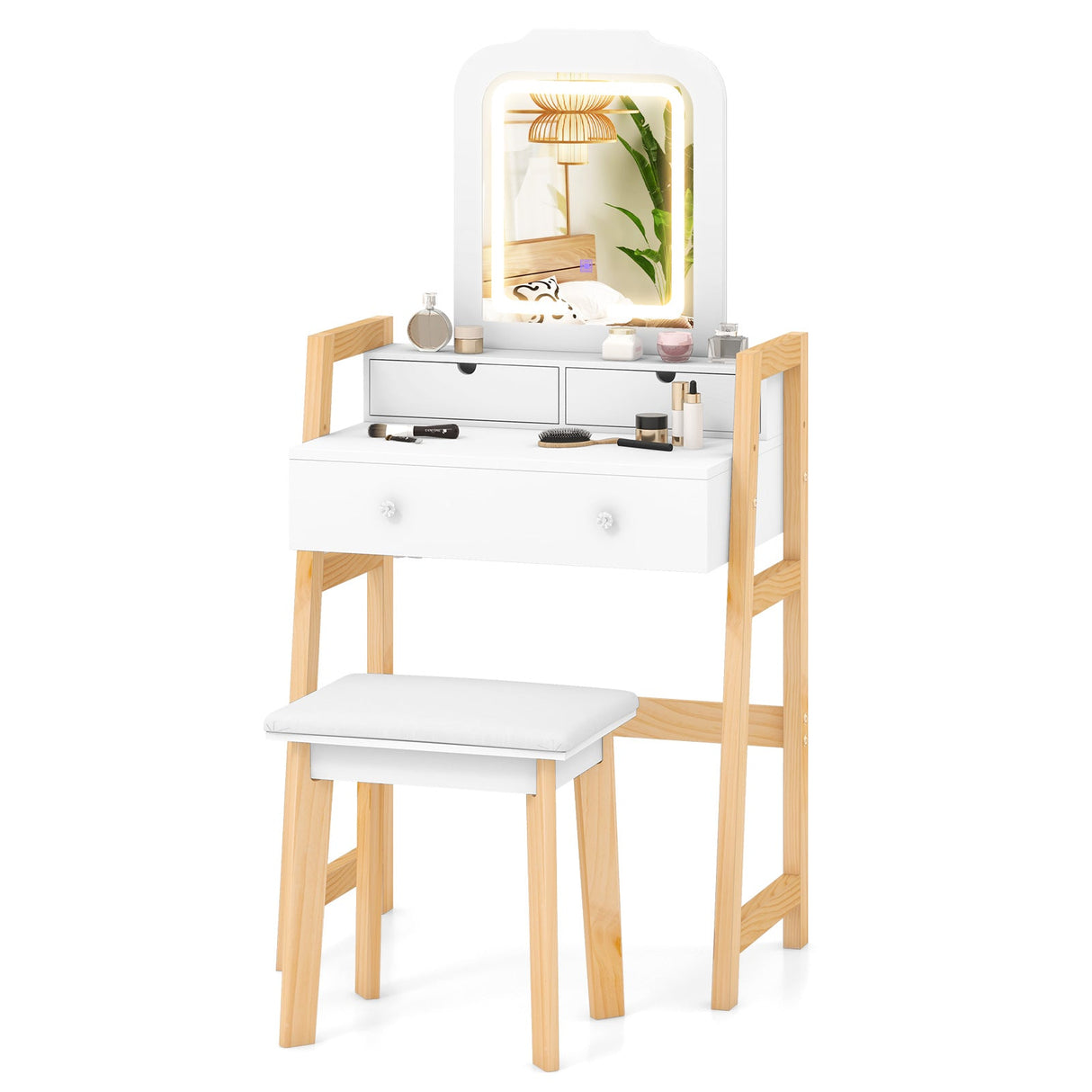 Tocador con altura ajustable, espejo con luz LED de 3 colores y cajones - Blanco