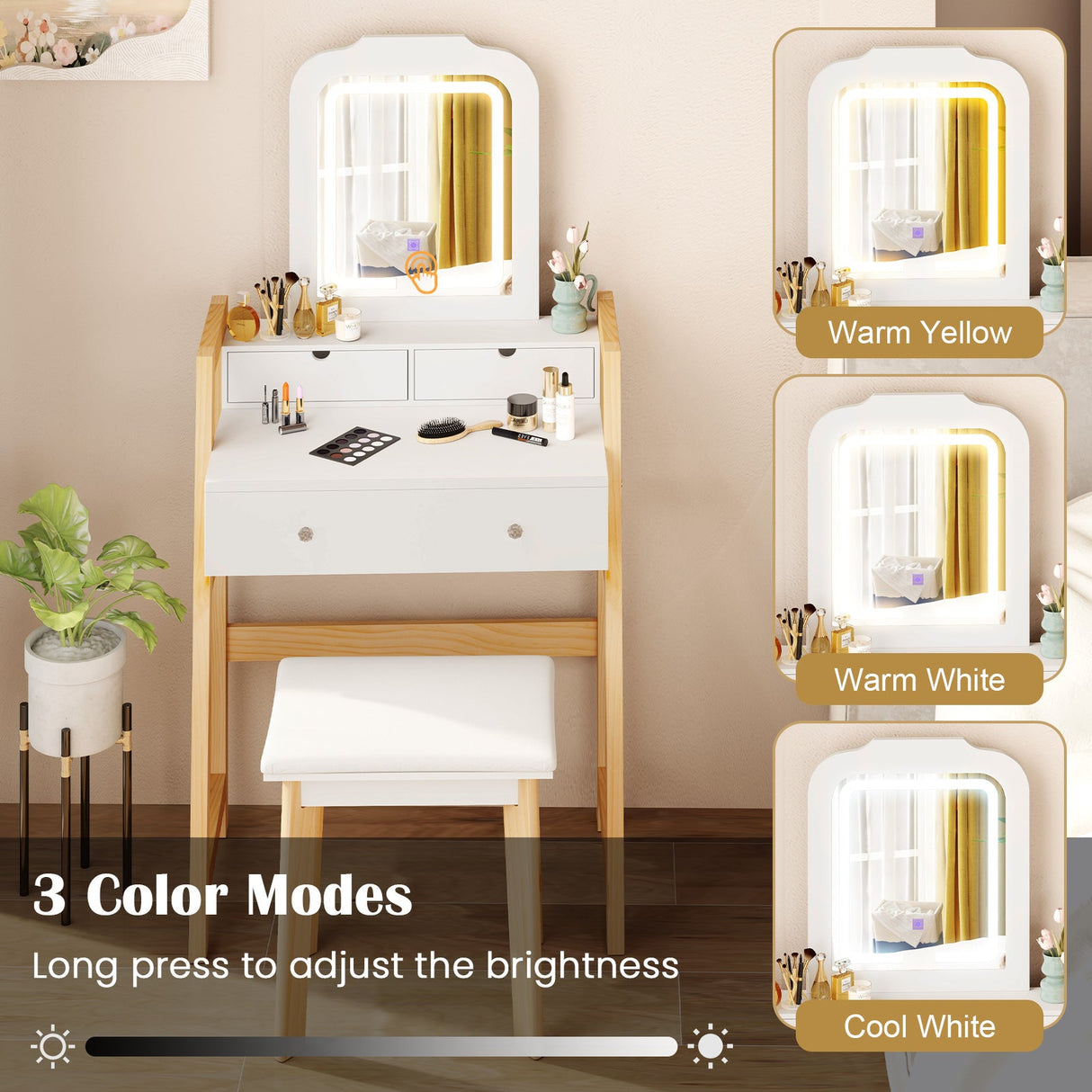 Tocador con altura ajustable, espejo con luz LED de 3 colores y cajones - Blanco