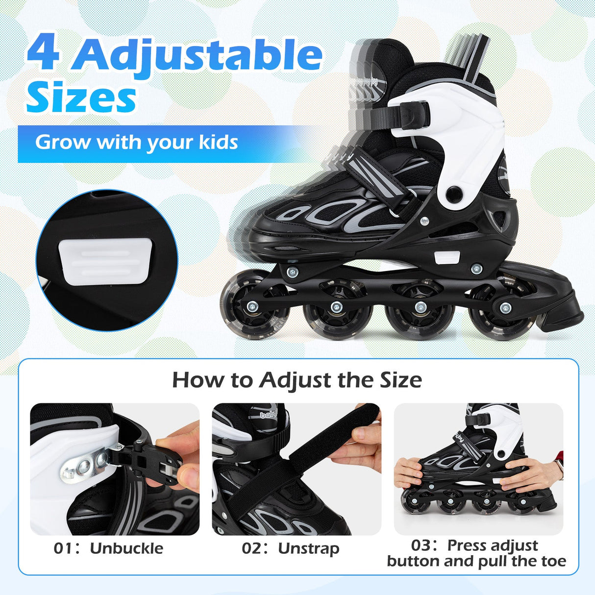 Patines en línea ajustables para niños - 4 tallas - Patín de cuchilla ajustable