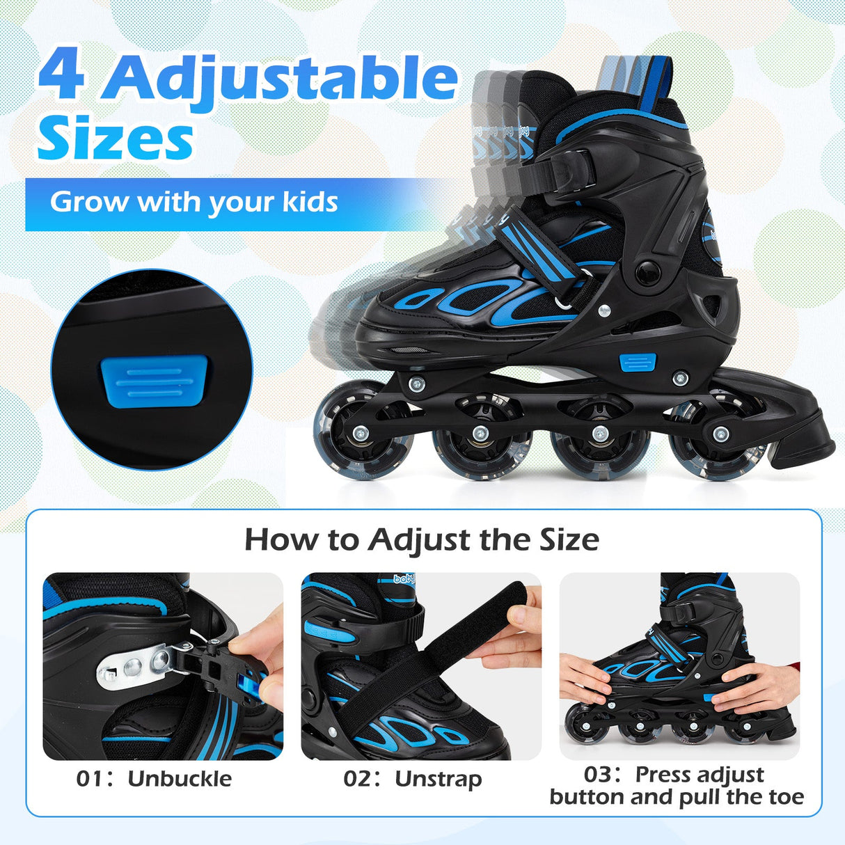 Patines en línea ajustables para niños - 4 tallas - Patín de cuchilla ajustable