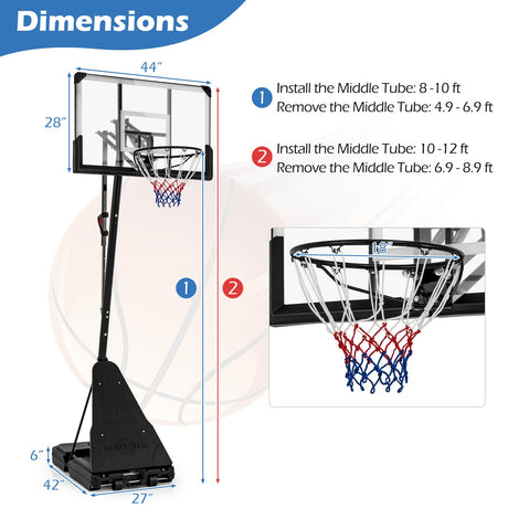 Sistema de aro de baloncesto portátil con altura ajustable de 4.9 a 10 pies