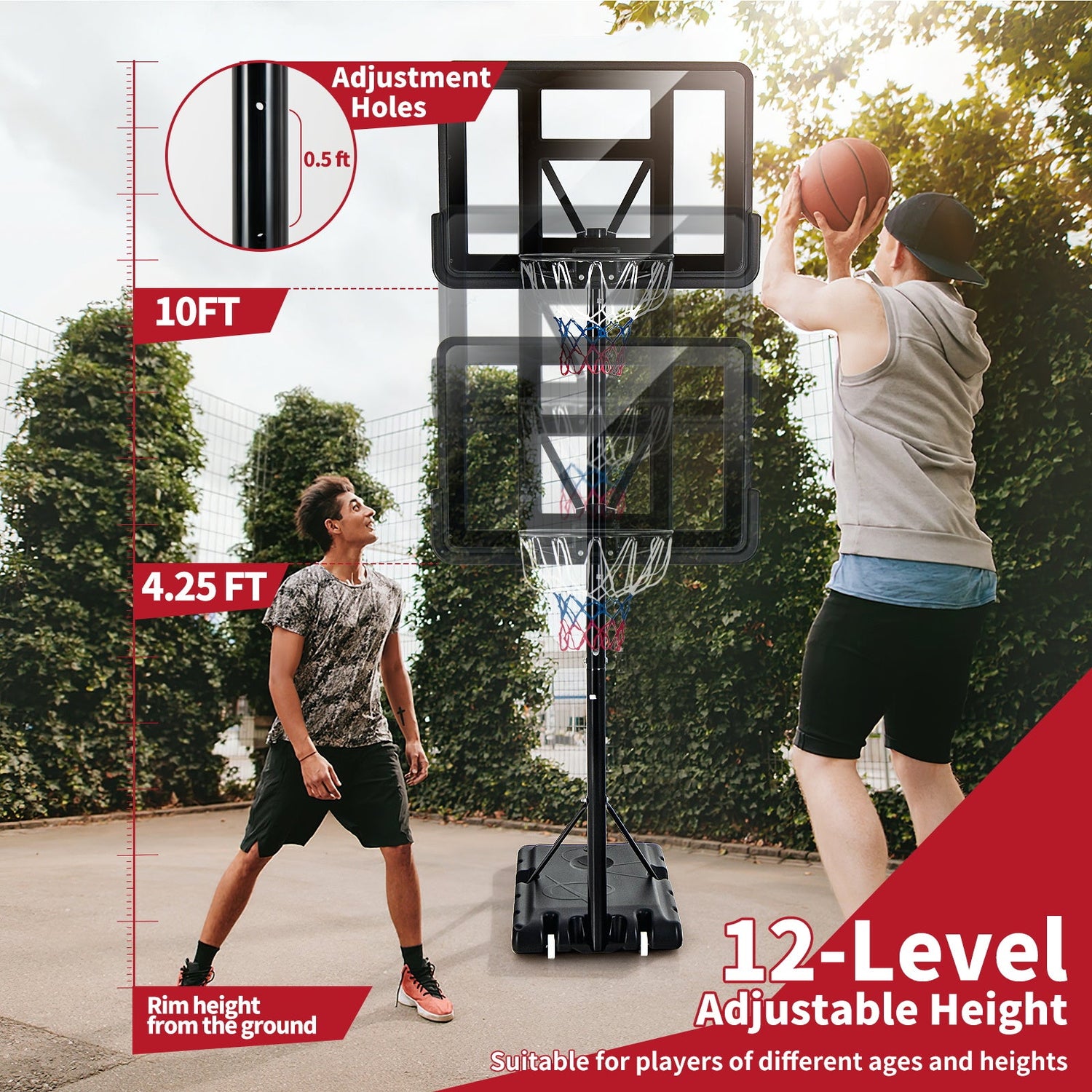 Soporte de canasta de baloncesto portátil ajustable con tablero inastillable y ruedas