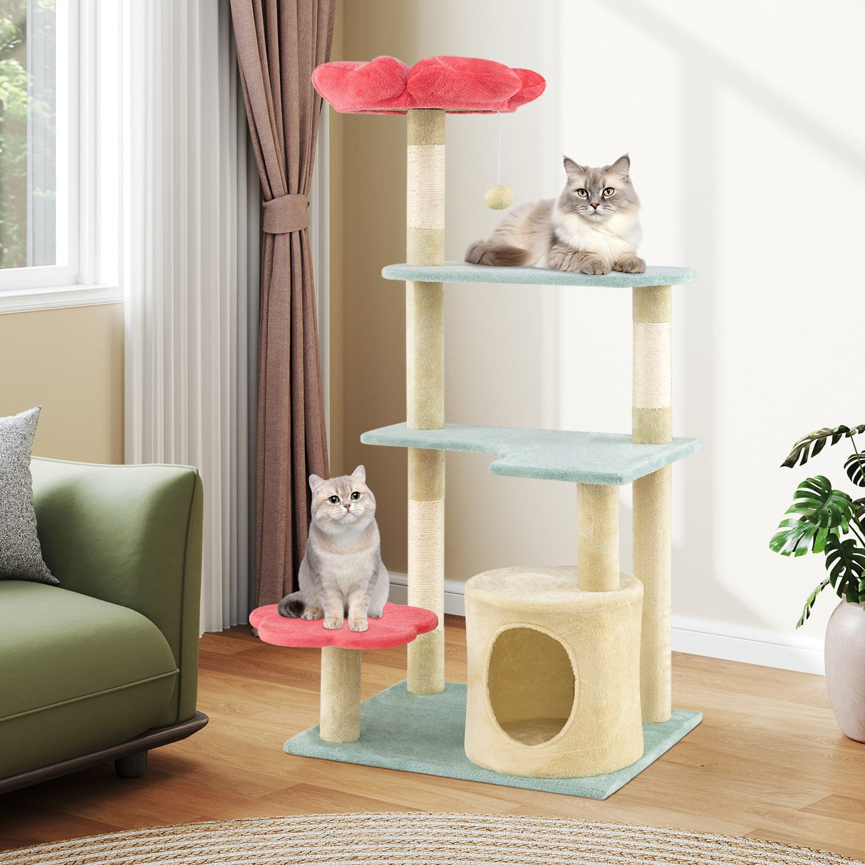 Torre para gatitos estética de varios niveles de 49 pulgadas de alto con diseño floral y percha acolchada de felpa en forma de flor - multicolor