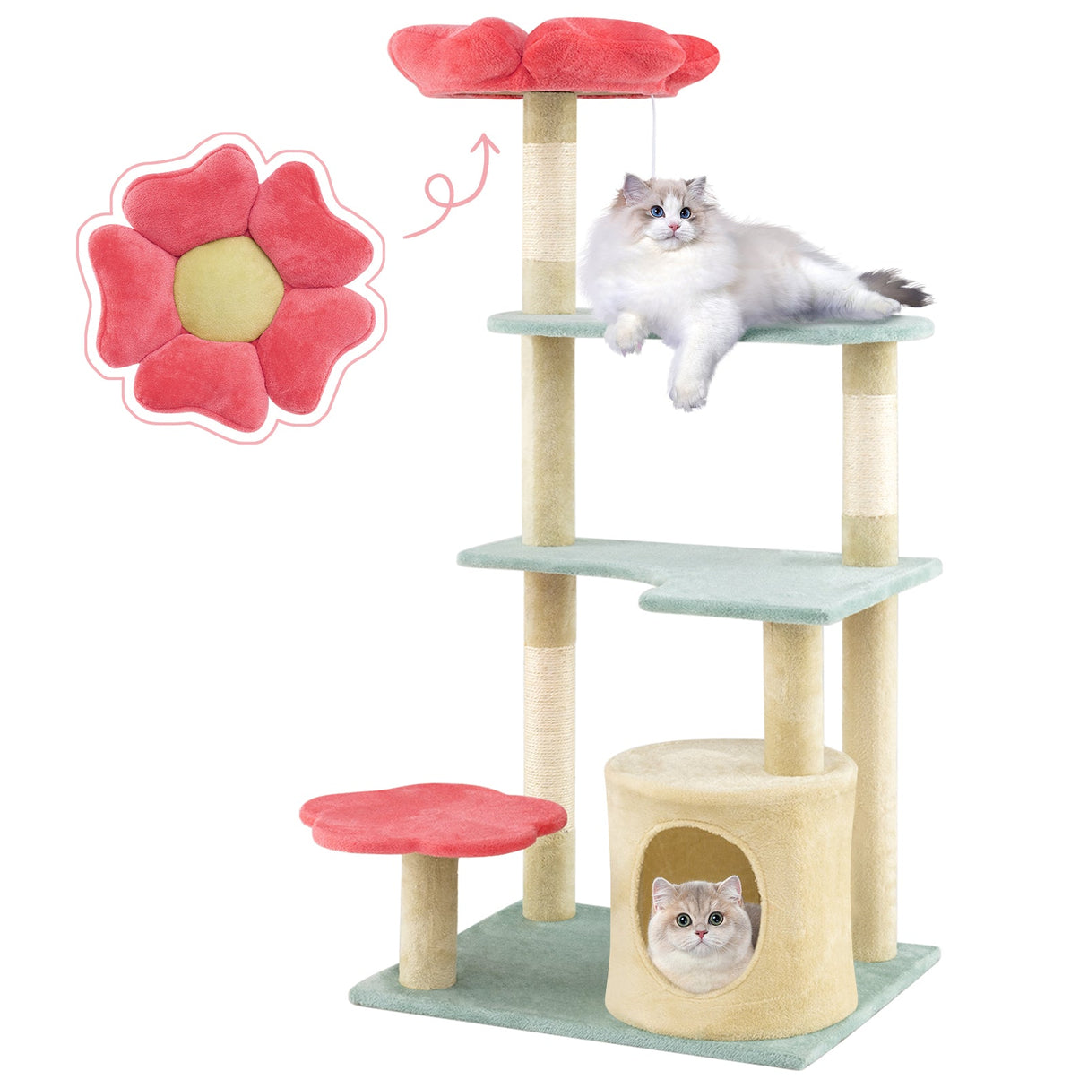 Torre para gatitos estética de varios niveles de 49 pulgadas de alto con diseño floral y percha acolchada de felpa en forma de flor - multicolor