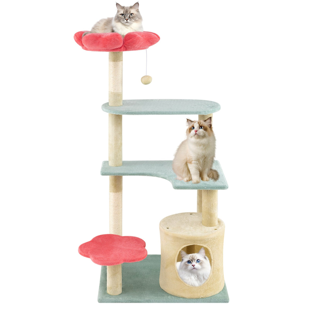 Torre para gatitos estética de varios niveles de 49 pulgadas de alto con diseño floral y percha acolchada de felpa en forma de flor - multicolor