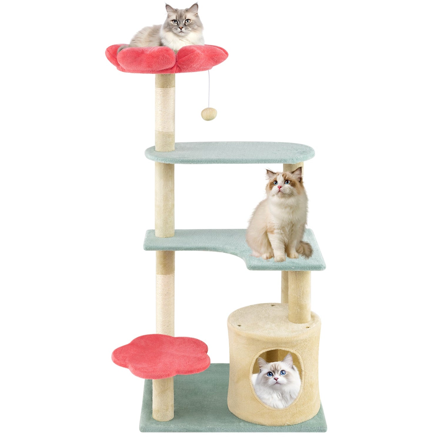 Torre para gatitos estética de varios niveles de 49 pulgadas de alto con diseño floral y percha acolchada de felpa en forma de flor - multicolor