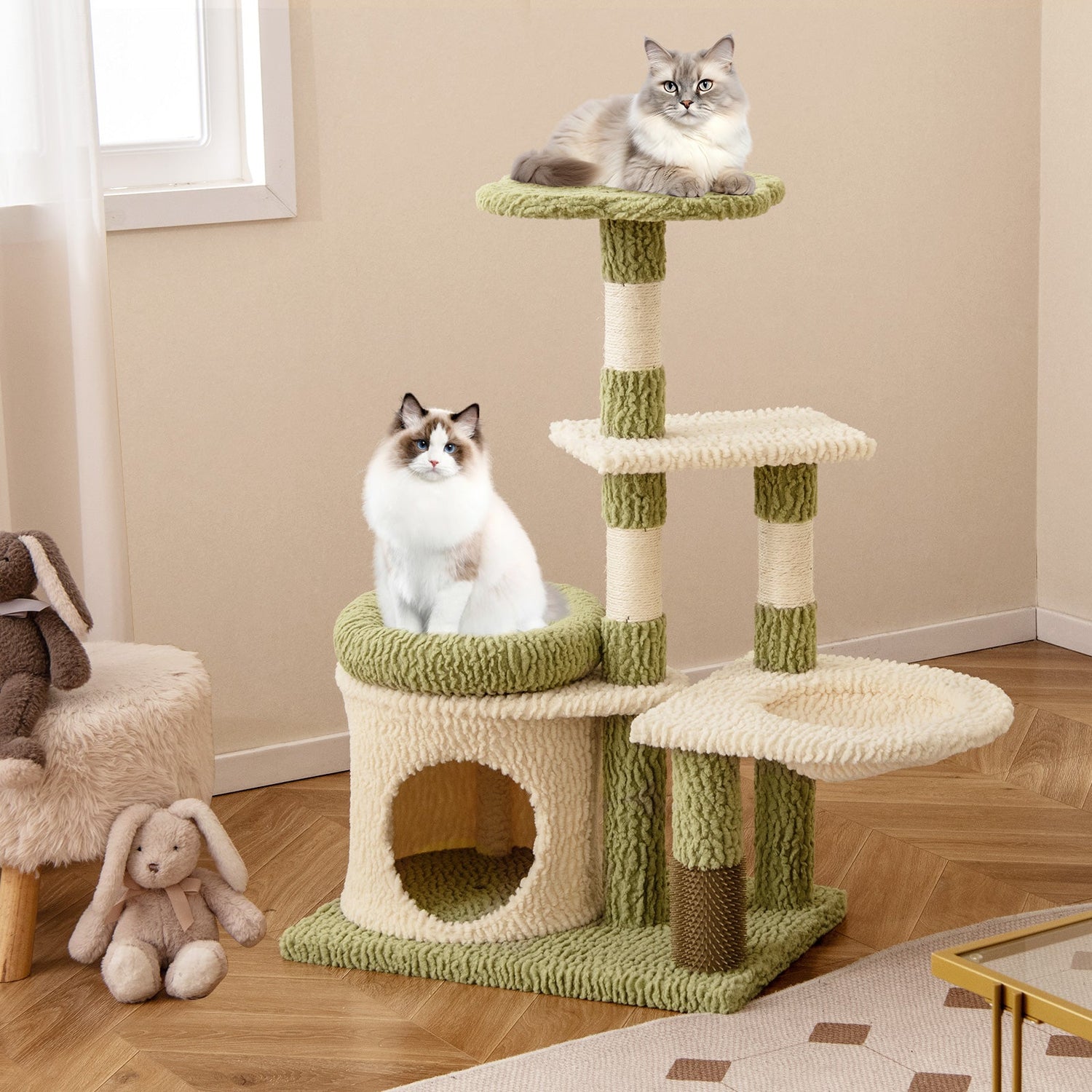 Torre para gatitos estética multinivel de 38 pulgadas de alto con condominio y cama - Verde