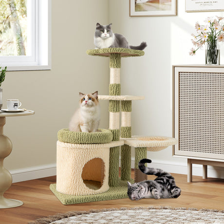 Torre para gatitos estética multinivel de 38 pulgadas de alto con condominio y cama - Verde