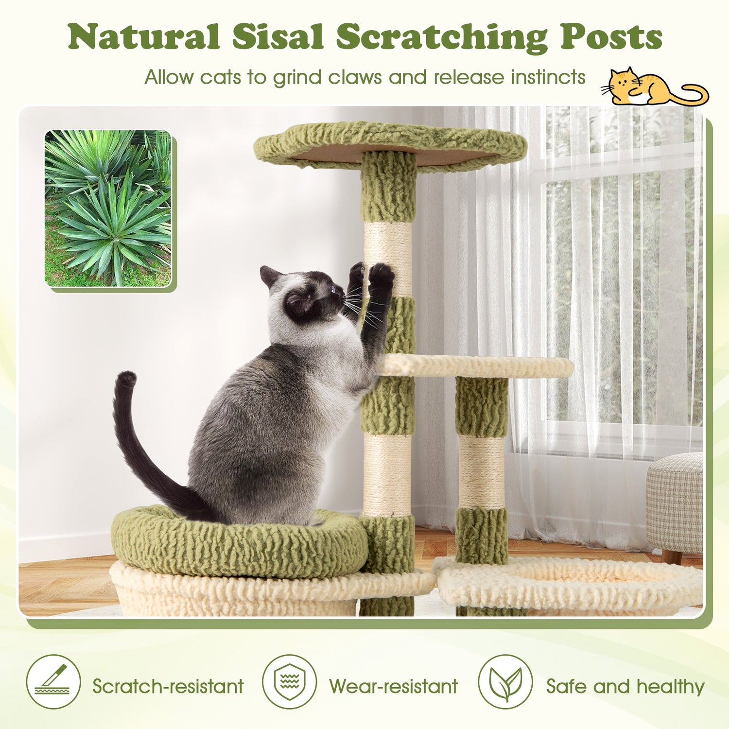 Torre para gatitos estética multinivel de 38 pulgadas de alto con condominio y cama - Verde
