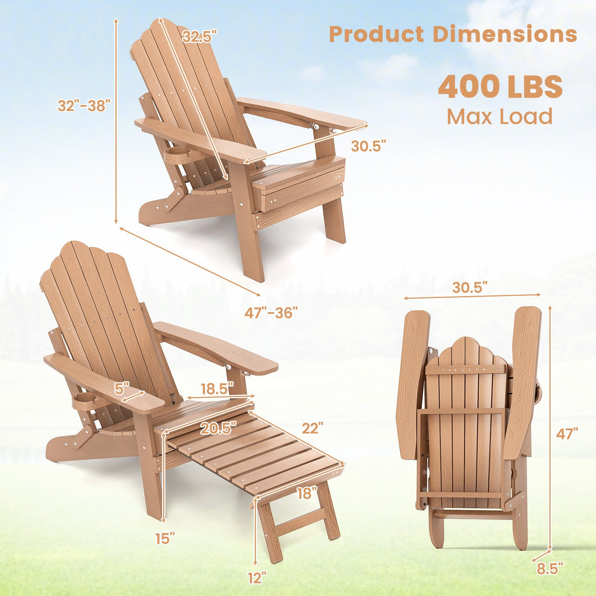 All-Weather HIPS Patio Adirondack Lounge Chair with Retractable Footrest