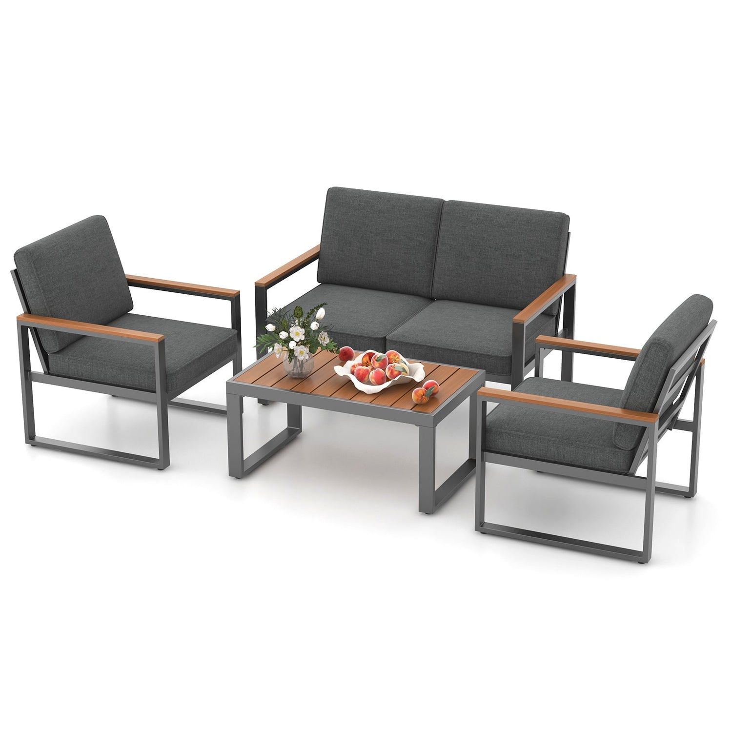 Juego de Muebles de Patio de Aluminio de 4 Piezas con Reposabrazos y Tablero de Mesa - Gris