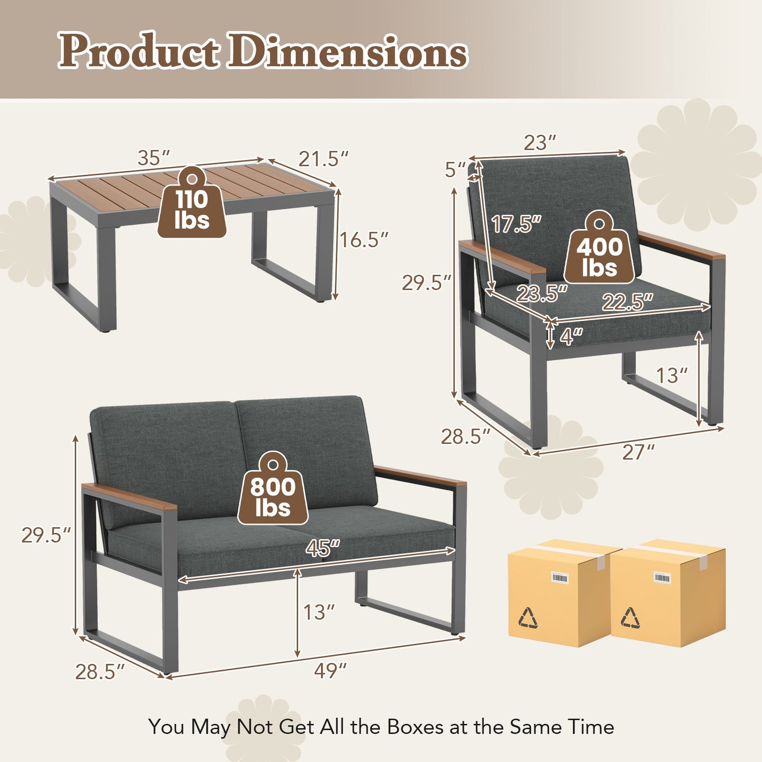 Juego de Muebles de Patio de Aluminio de 4 Piezas con Reposabrazos y Tablero de Mesa - Gris