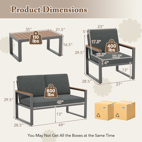 4 Piece Patio Aluminum Furniture Set with Armrests and Tabletop-Gray