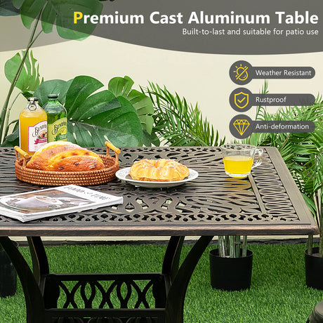 Mesa de comedor cuadrada de aluminio para patio de 35.4 pulgadas con orificio para sombrilla - Bronce