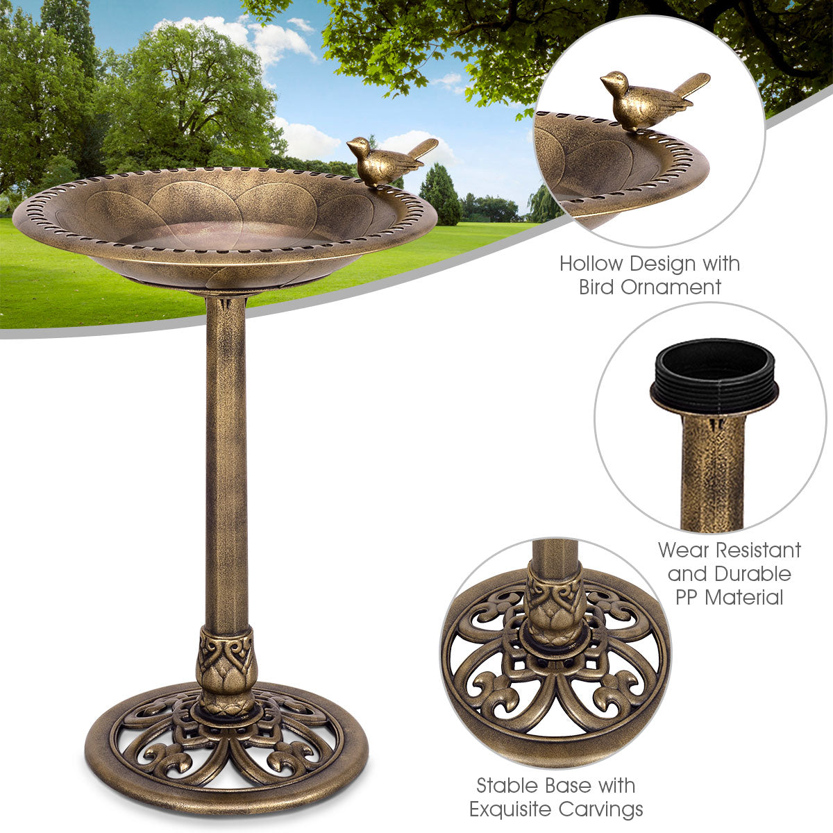 Bañera/Comedero para pájaros independiente con pedestal de oro antiguo