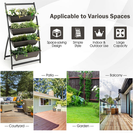 Jardinera vertical elevada de 4 niveles con 4 contenedores y orificios de drenaje