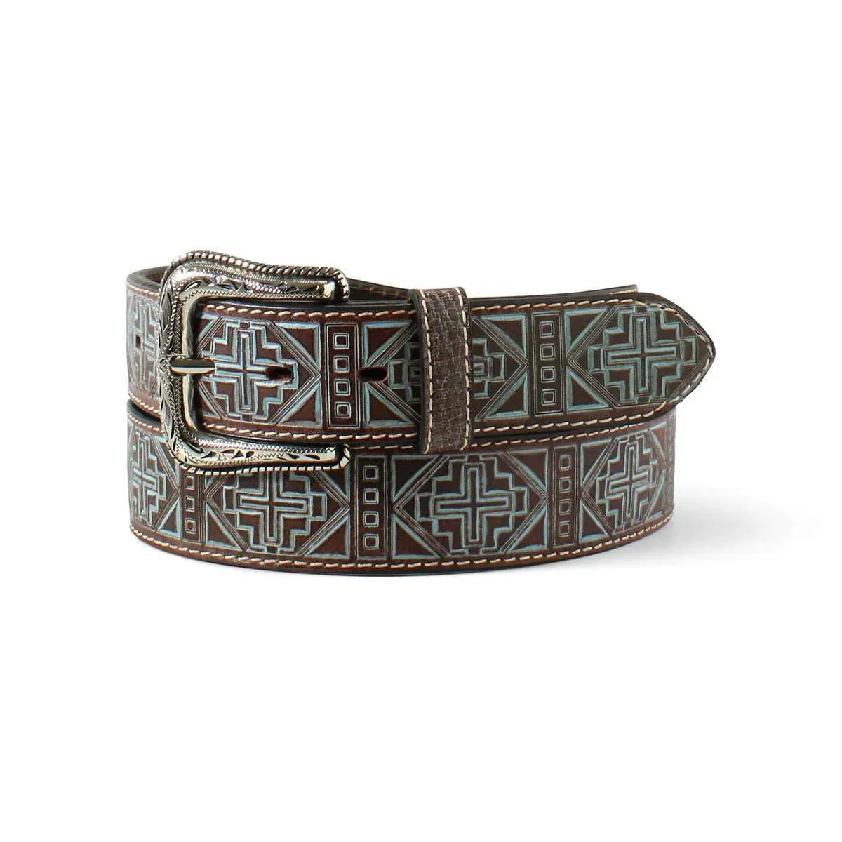 Cinturón de cuero Ariat azul con diseño azteca troquelado para mujer