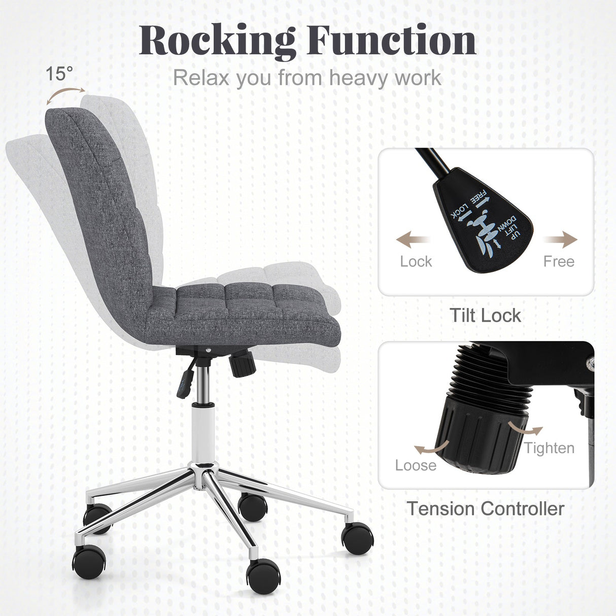 Armless Office Chair Upholstered Makeup Vanity Chair with Adjustable Height and Wheels-Grey