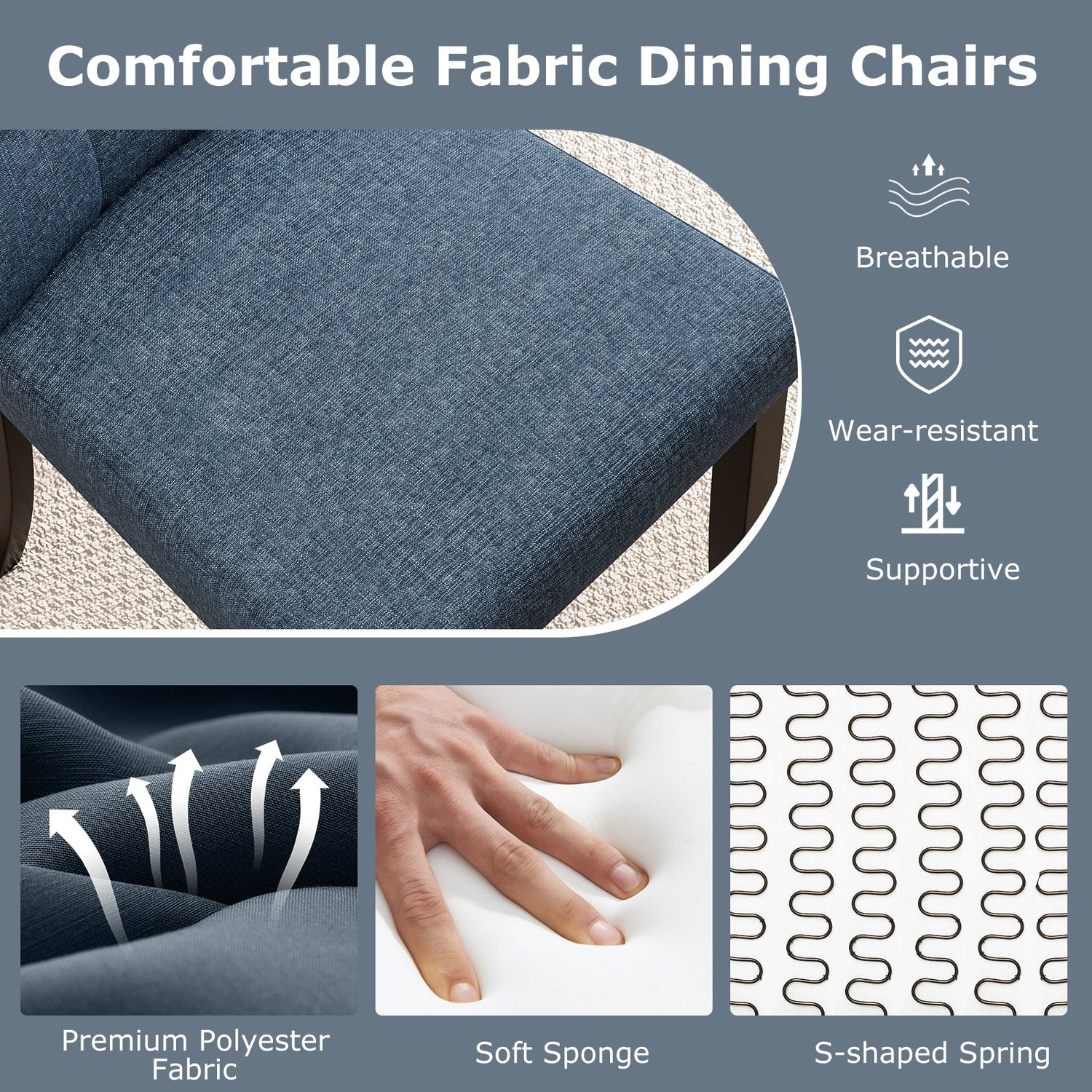 Juego de 2 sillas de comedor sin brazos tapizadas con patas de madera de caucho - Azul oscuro