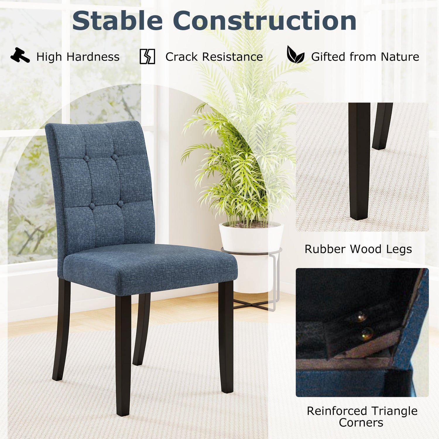 Juego de 2 sillas de comedor sin brazos tapizadas con patas de madera de caucho - Azul oscuro