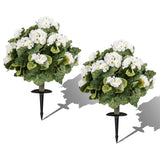 Juego de 2 árboles de begonias artificiales de 33 cm, arbustos falsos de hoja perenne con estacas para tierra, blancos
