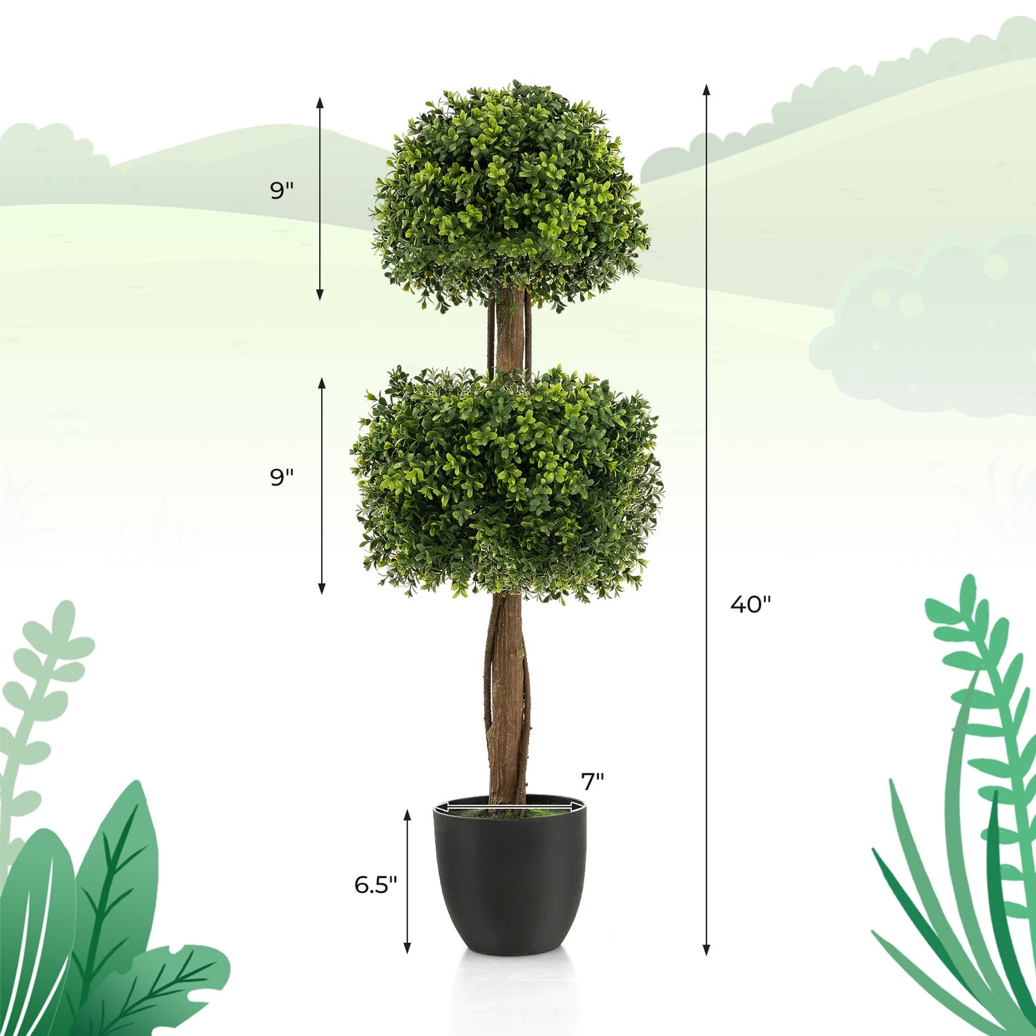 40 Inch Artificial Boxwood Topiary Ball Tree for Front Porch Patio Home-Green