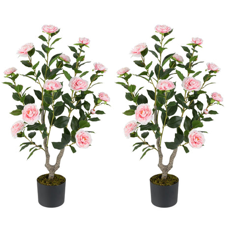 Árbol de camelias artificial de 36 pulgadas con floración, paquete de 2