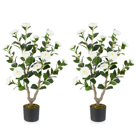 Árbol de camelias artificial de 36 pulgadas con floración, paquete de 2