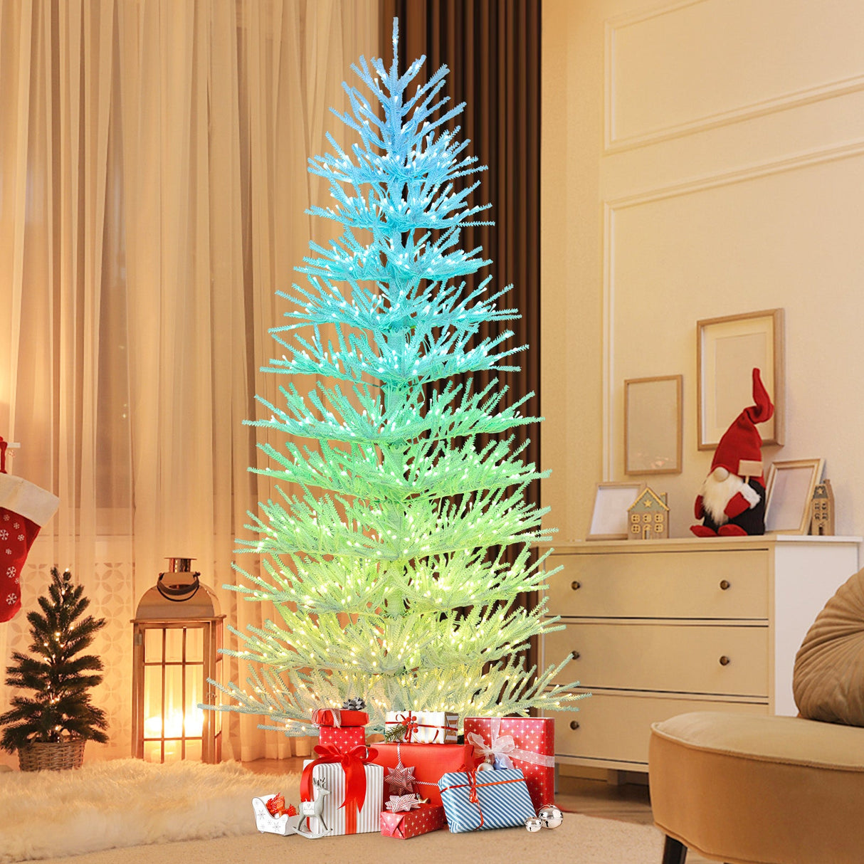 Árbol de Navidad artificial preiluminado de 7 pies con bisagras y 820 puntas de rama tipo coral